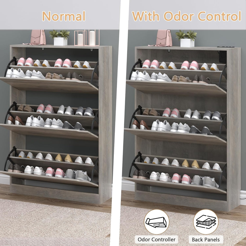 Shoe Cabinet with Odor Control and Back Panels, Deodorizing Slim 3-Flip Shoe Storage Cabinet for