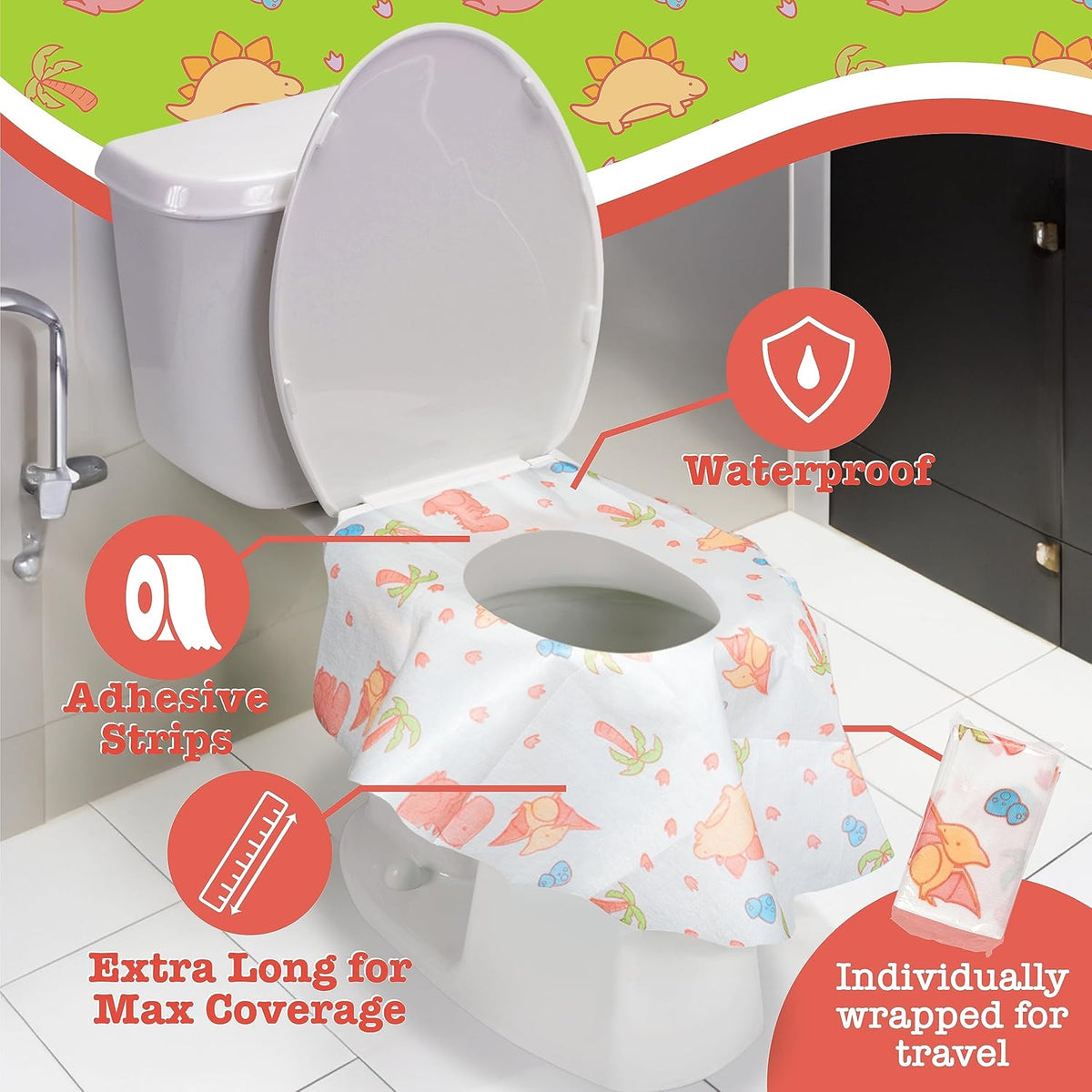 Toilet Seat Covers Disposable (40 pk, Dinosaurs) - XL Waterproof Toilet Cover for Toddlers, Kids &