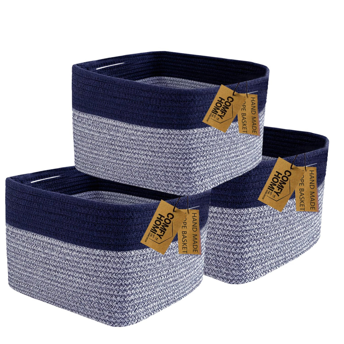COMFY-HOMI 3PACK Rectangular Cotton Rope Basket With Handles for Shelves|Dog Toy|Baby Gift - Dark