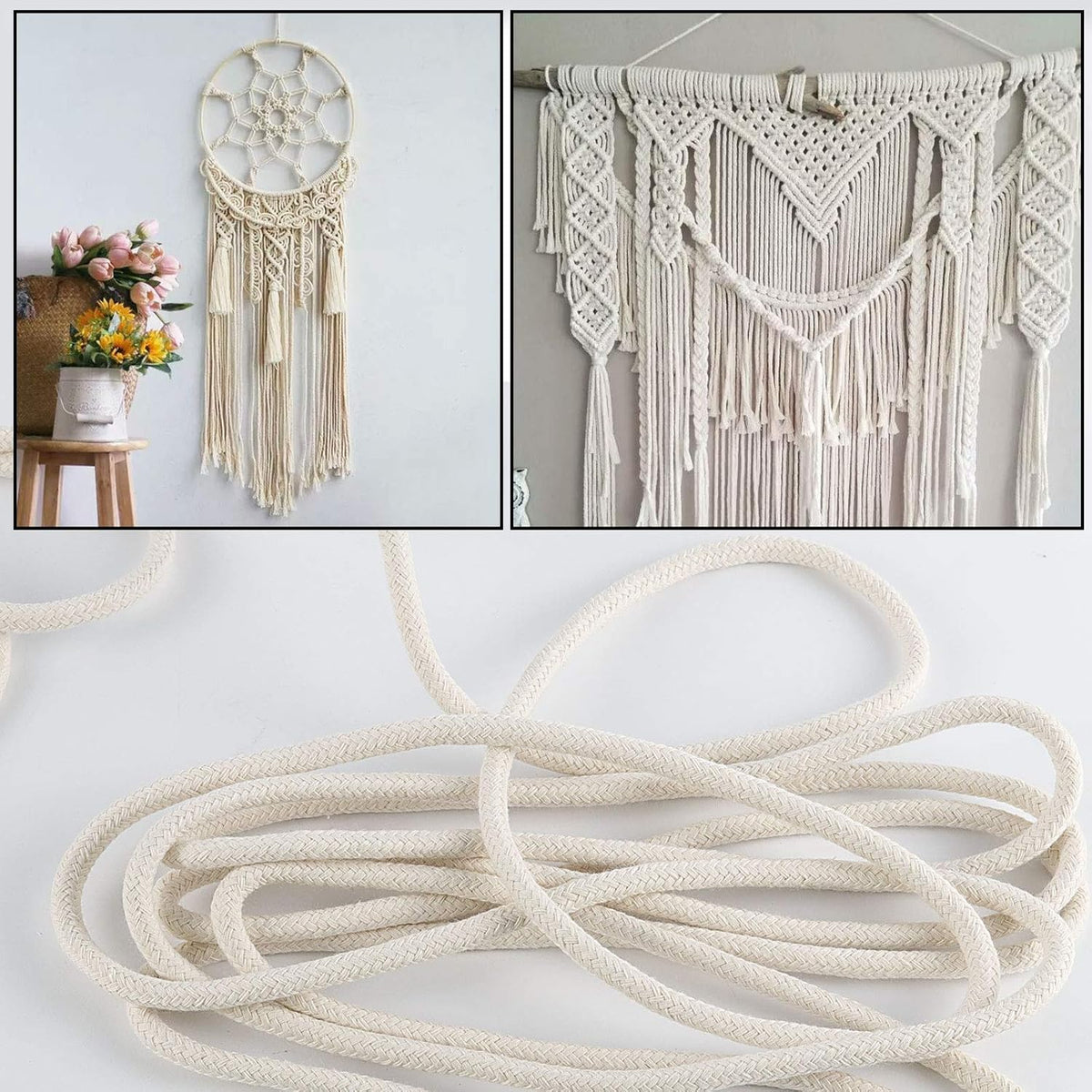 ZOENHOU 164 ft 1/4 in Natural Cotton Rope - White Solid Clothesline Rope for Laundry Line, DIY