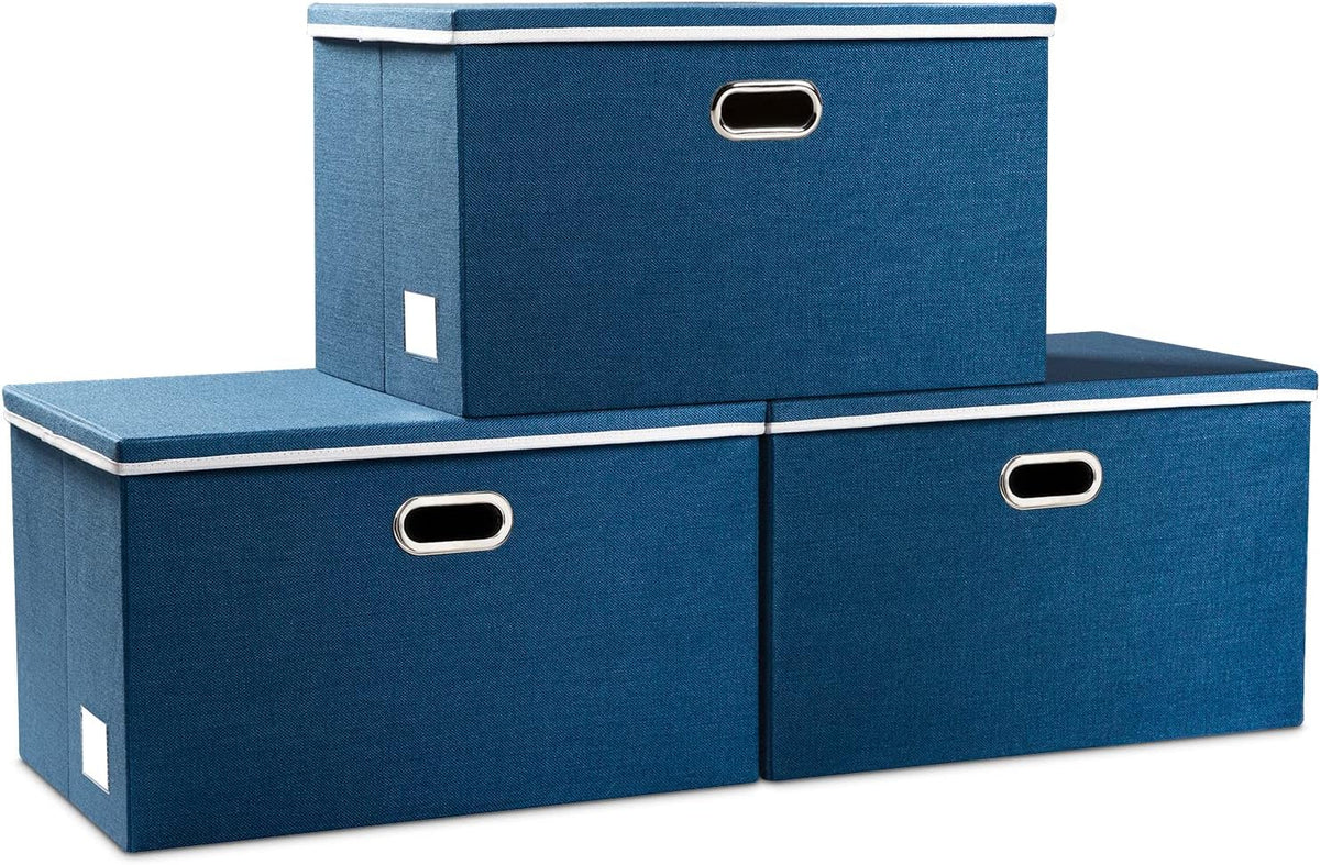 PRANDOM Extra Large Collapsible Storage Bins with Lids [3-Pack] Linen Fabric Foldable Storage