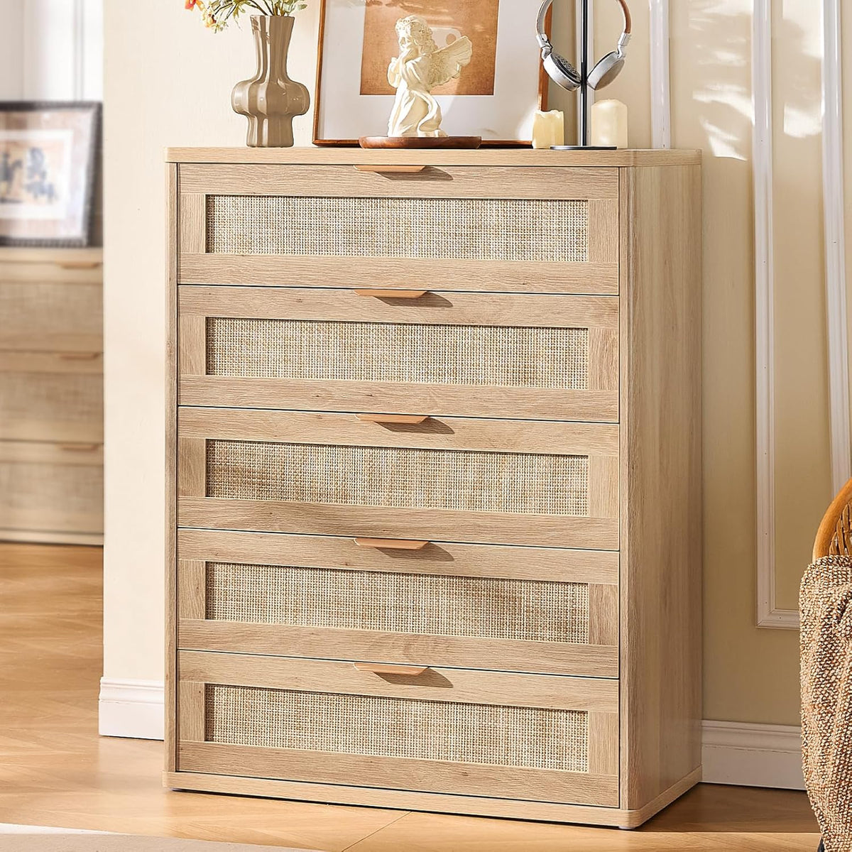 LEYAOYAO Rattan Dresser for Bedroom Set 2, 41" Tall Chest of Drawers, Modern 5 Drawers Boho