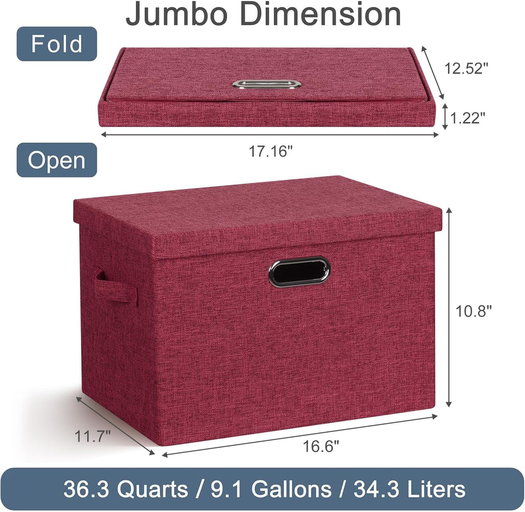Large 17" 36 Quart Collapsible Stackable Storage Bins with Lids, 3 Packs Bright Red Linen Fabric
