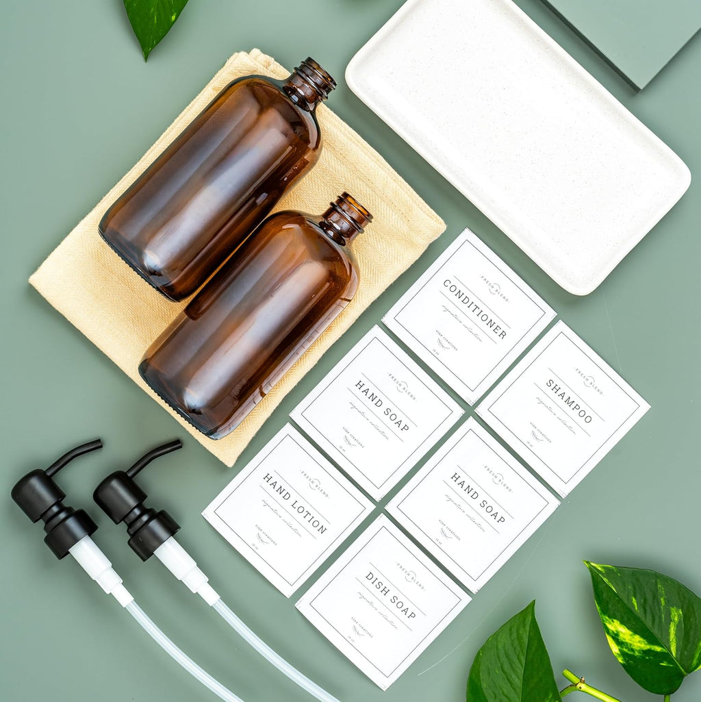 Vine Creations Amber Glass Soap Dispenser, 2 Pack Kitchen Soap Dispenser Set with Ceramic Tray