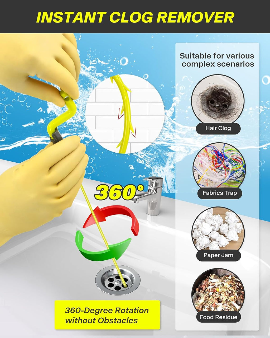 35inch Drain Clog Remover, Drain Cleaner Hair Clog Remover with Rotating Handle and 7 Refills