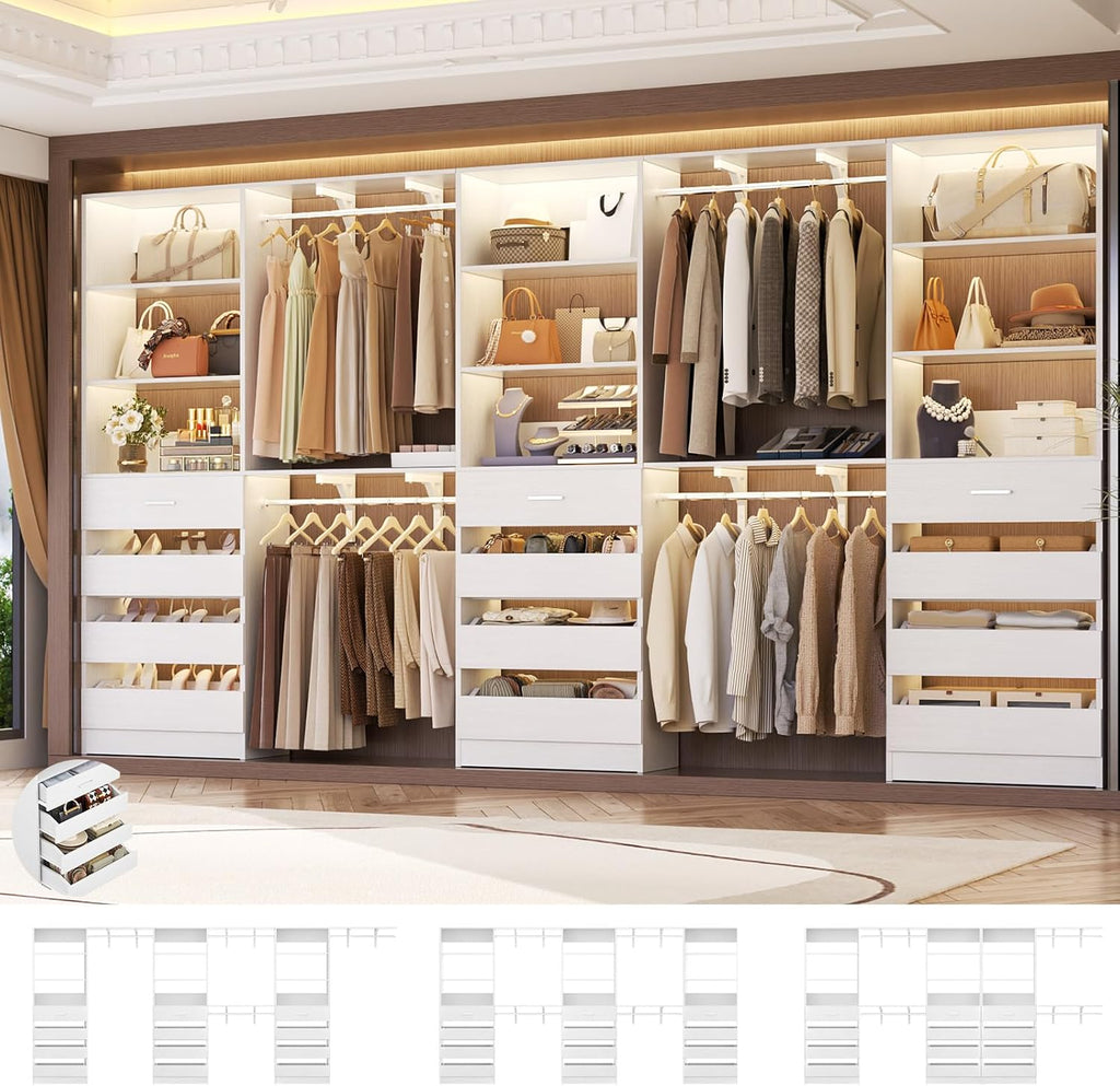 Aheaplus Closet System Set of 3, 138.5" Wood Closet Organizer System Tower with 12 Drawers & 4