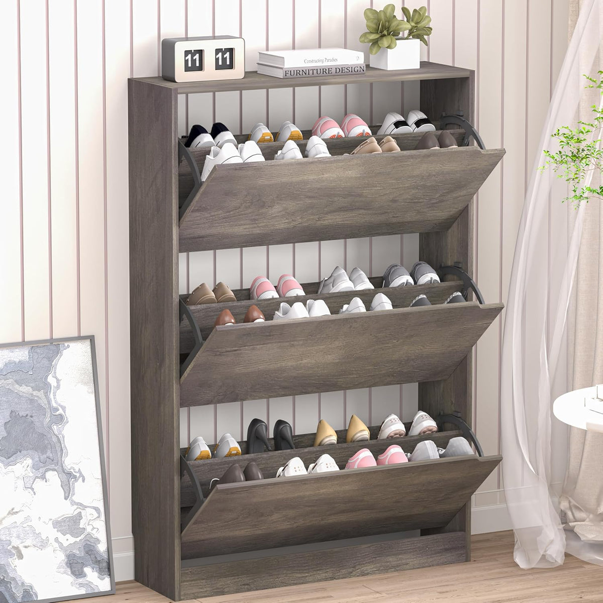 Shoe Cabinet with 3 Flip Drawers, Hidden Wood Shoe Cabinet,Freestanding Shoe Storage Cabinet for