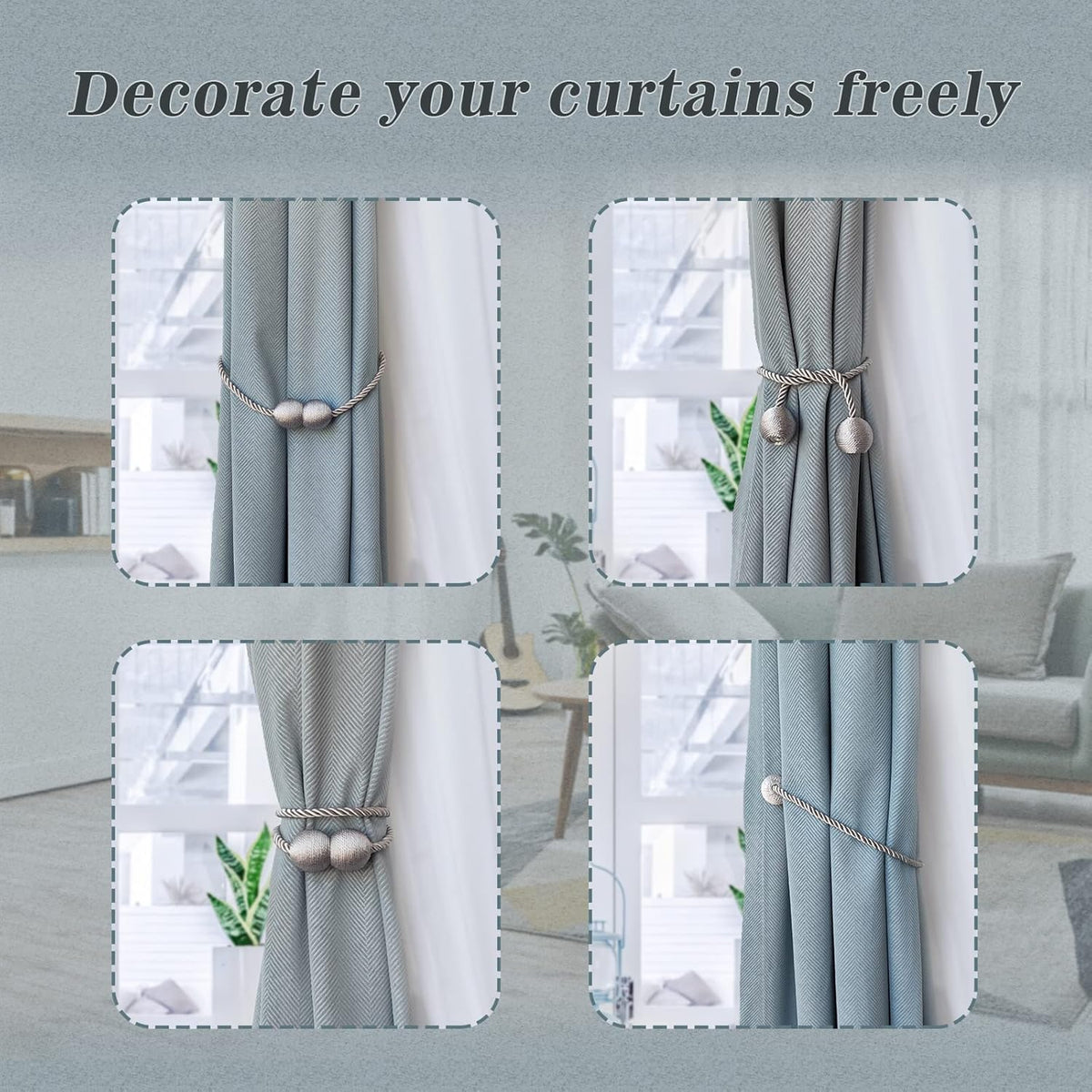 Hion Magnetic Curtain Tiebacks Grey 6 Pack, Curtain Tiebacks Buckles Holdbacks Holders Hooks Clip