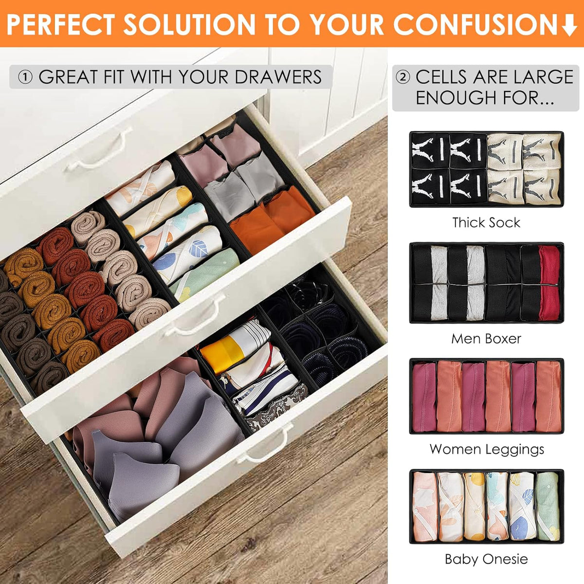 12 Pack Drawer Organizers, 116 Compartments Fabric Foldable Dresser Drawer Organizers for Clothing