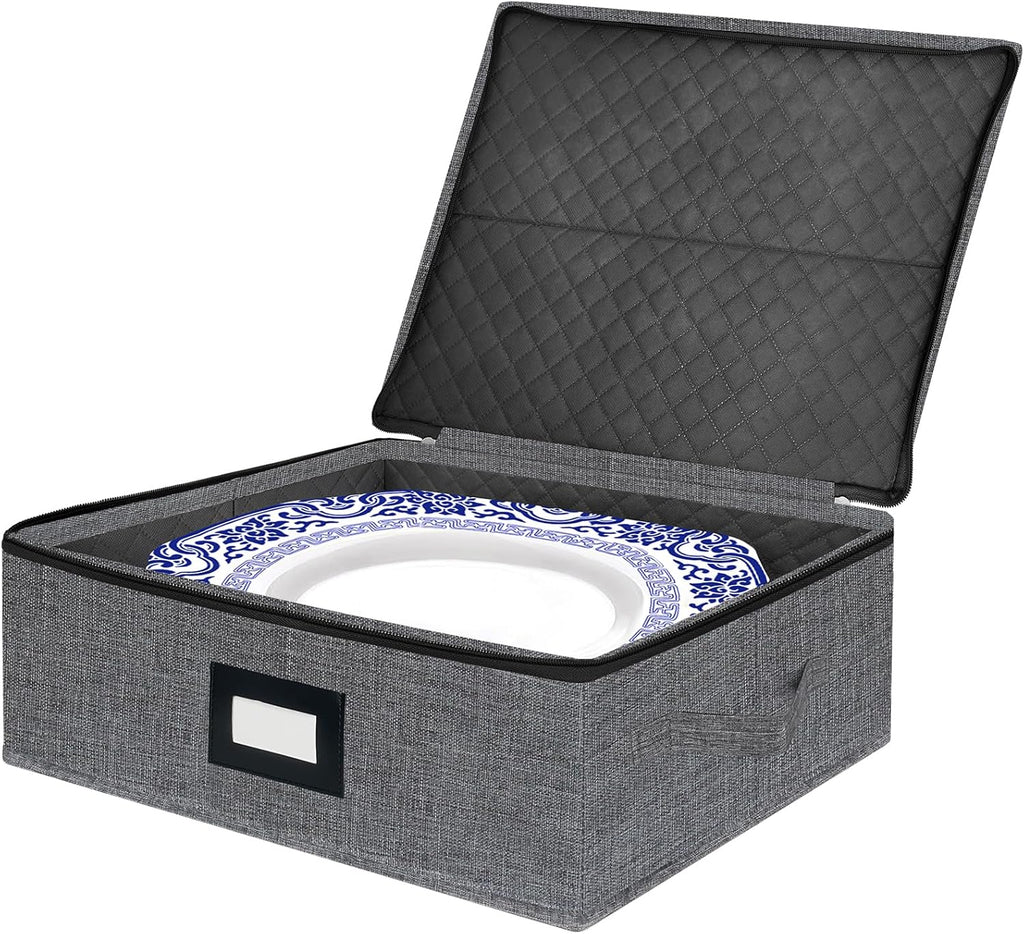 Platter Storage Case - Stackable China Storage Containers Hard Shell with Durable Zipper & Label &