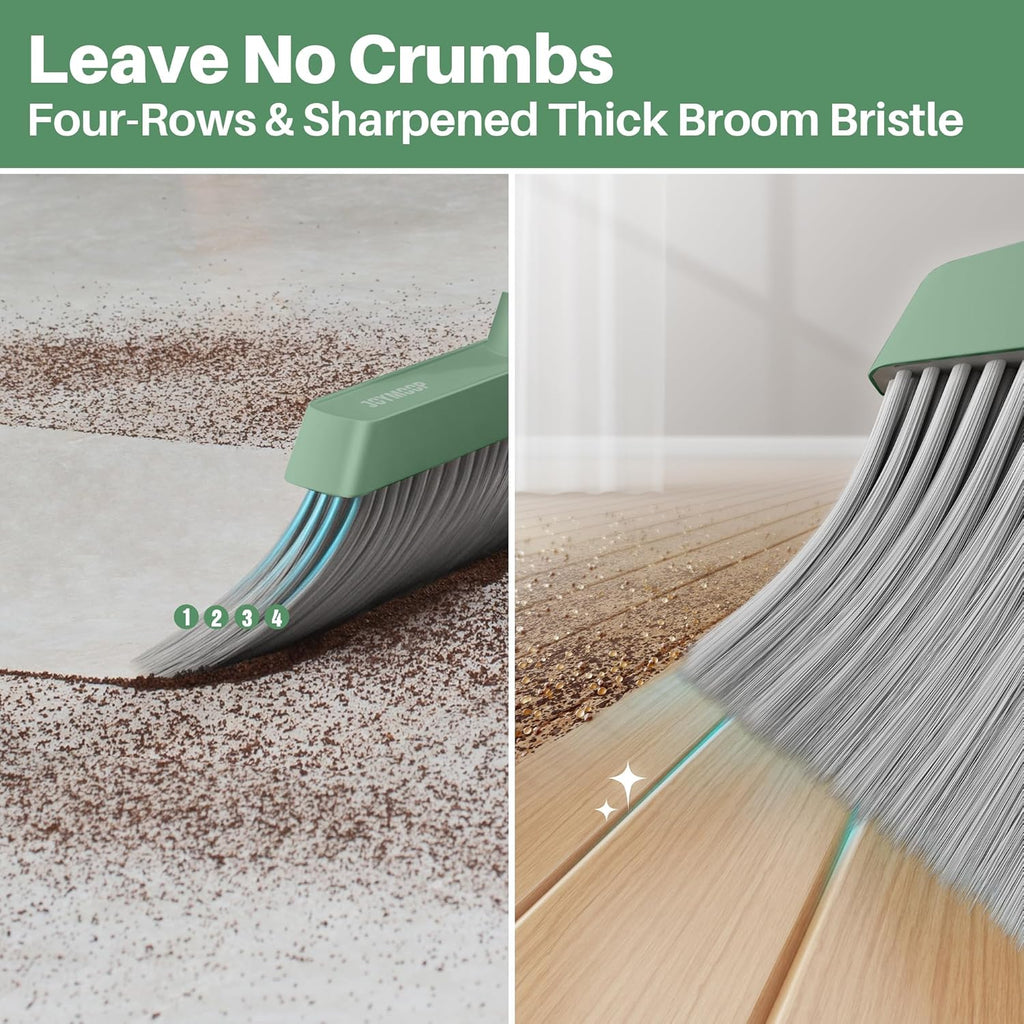 JOYMOOP Dark Teal Green Broom and Dustpan Set, Upright Angle with Built-in Comb Teeth, Ideal for
