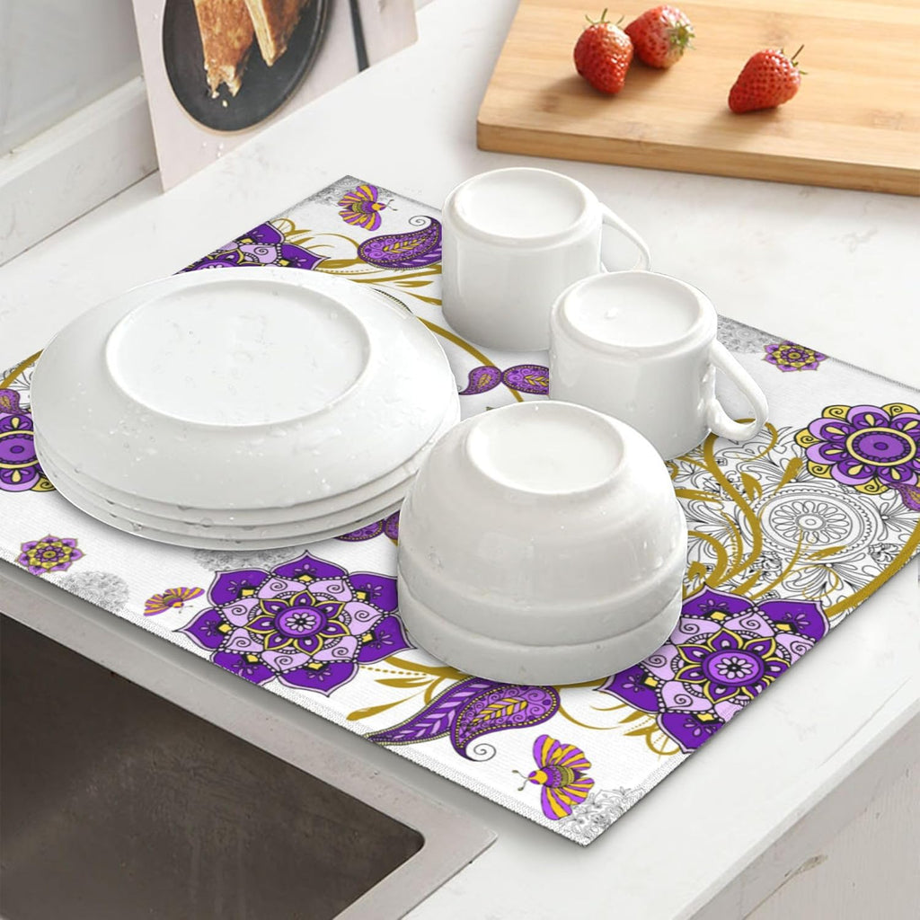 Boho Floral Dish Drying Mat for Kitchen Counter Washable Absorbent Reversible Microfiber Purple
