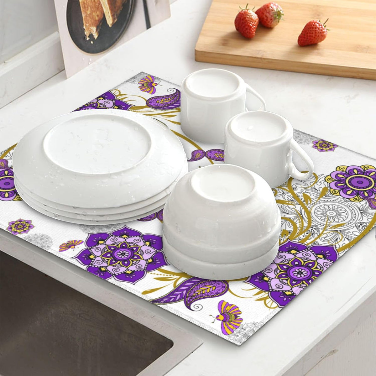 Boho Floral Dish Drying Mat for Kitchen Counter Washable Absorbent Reversible Microfiber Purple
