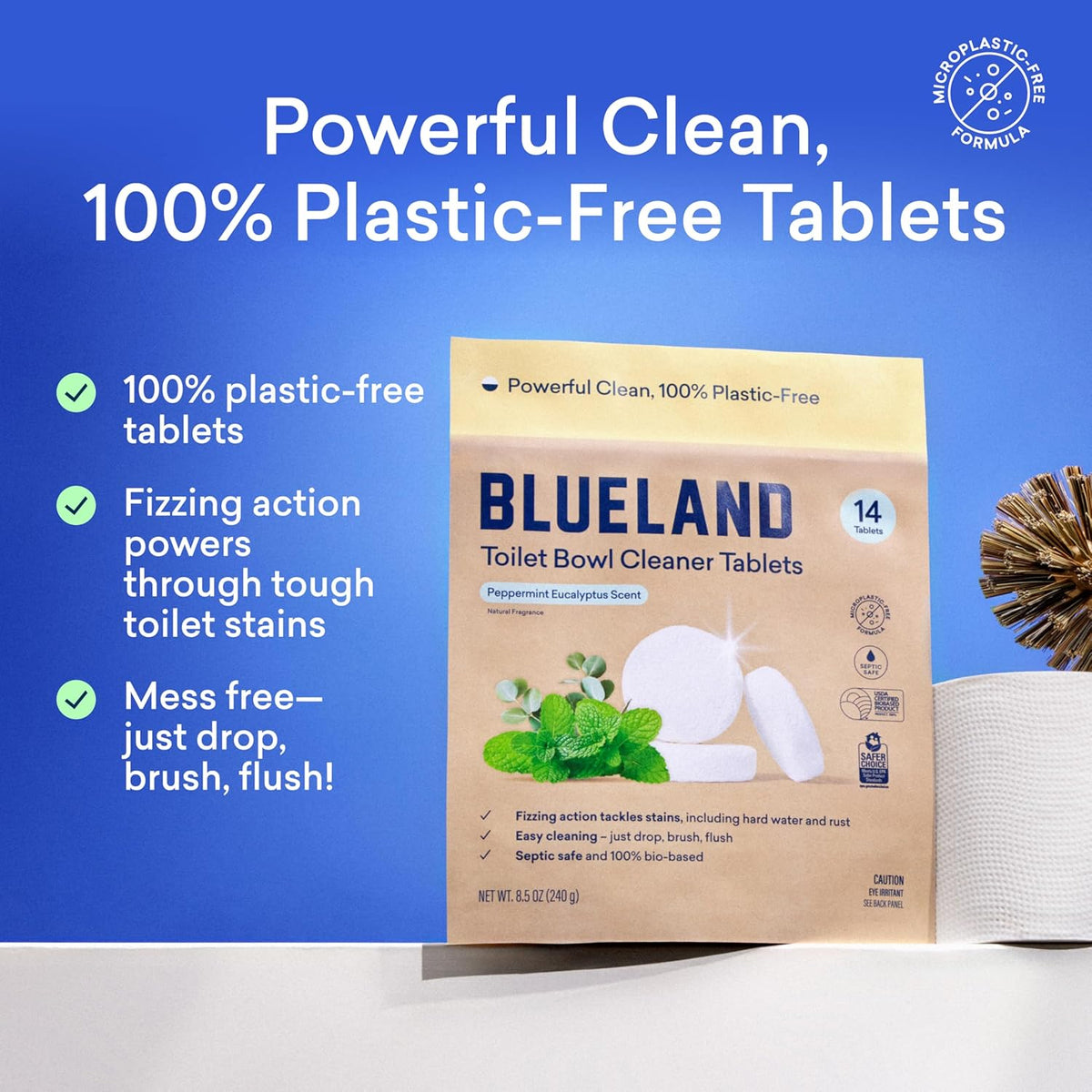 BLUELAND Toilet Bowl Cleaner Tablets, 2-Pack, 28 Count, Peppermint Eucalyptus, Plastic-Free, No