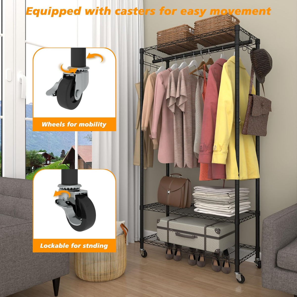 Rolling Portable Garment Rack,Freestanding Clothes Racks, Portable Closet Wardrobe with 3