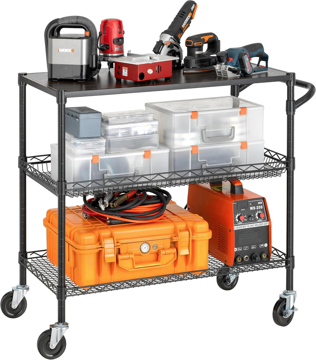 Finnhomy 3 Tier Heavy Duty Commercial Grade Utility Cart with Wood Top, Wire Rolling Cart with