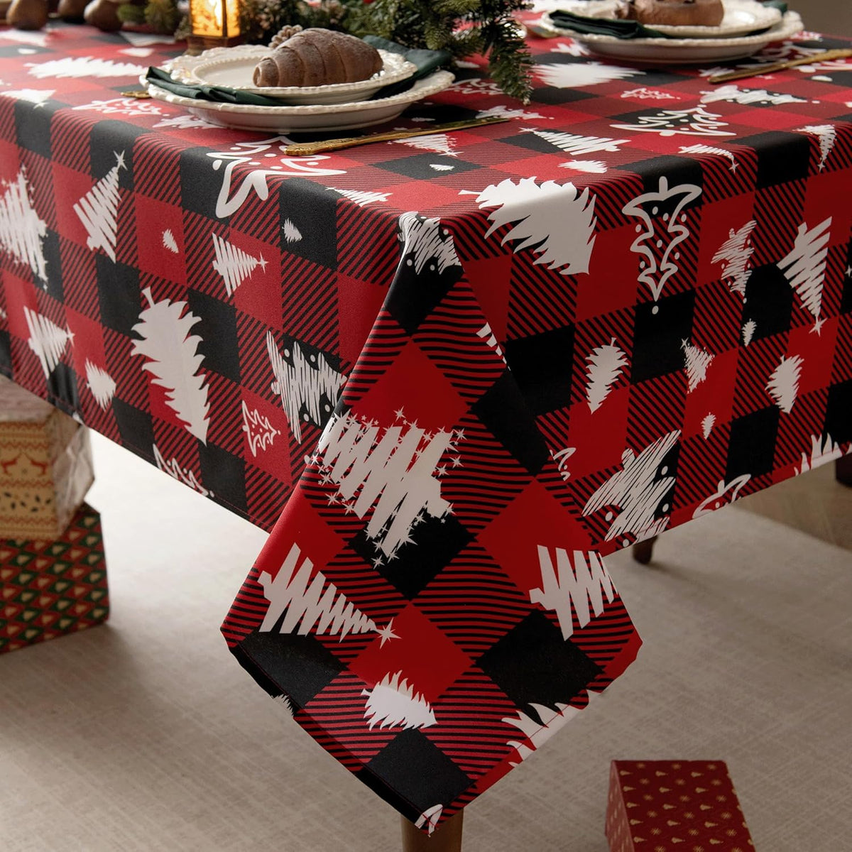 Gingham Xmas Tablecloth Fabric - Oblong 58x120 Water Resistant Christmas Tree Plaid Table Cloth for
