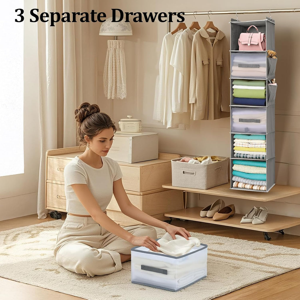 6-Tier Hanging Closet Organizer with 3 Drawers and Side Pockets – Multi-Functional Storage for