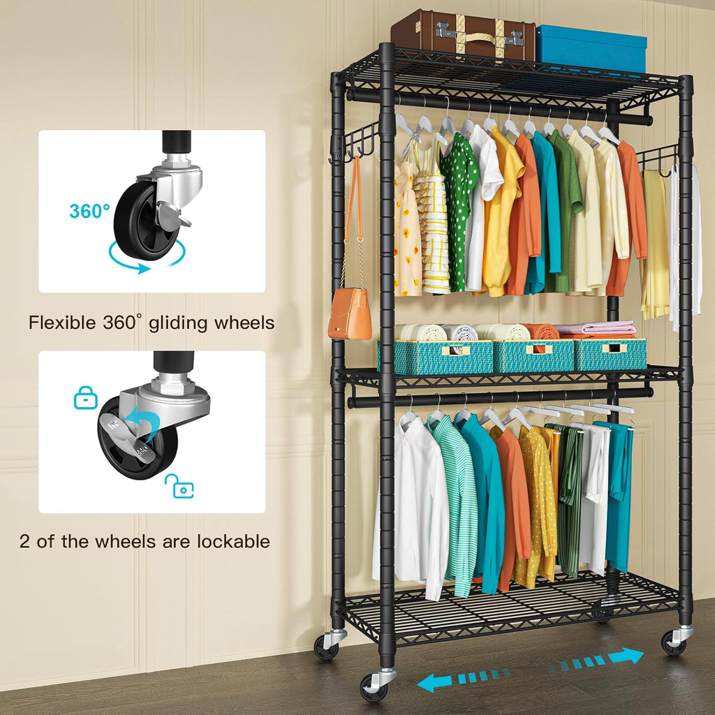 FUTASSI P1 Heavy Duty Garment Rack, 3 Tiers Adjustable Rolling Metal Closet Organizer with Lockable
