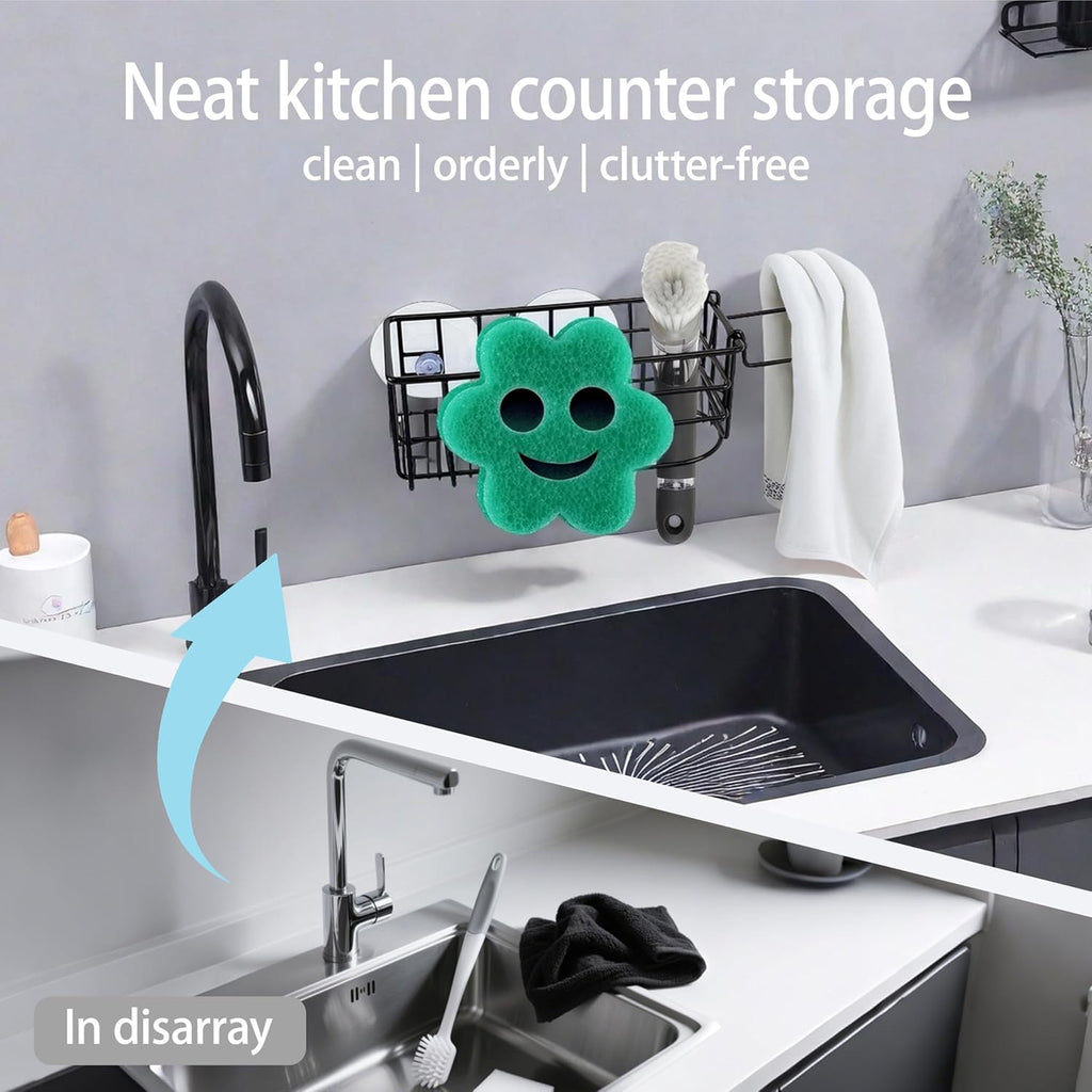 Sponge Holder Smile Face with Dish Cloth Hanger for Kitchen Sink, In-sink Caddy Organizer with