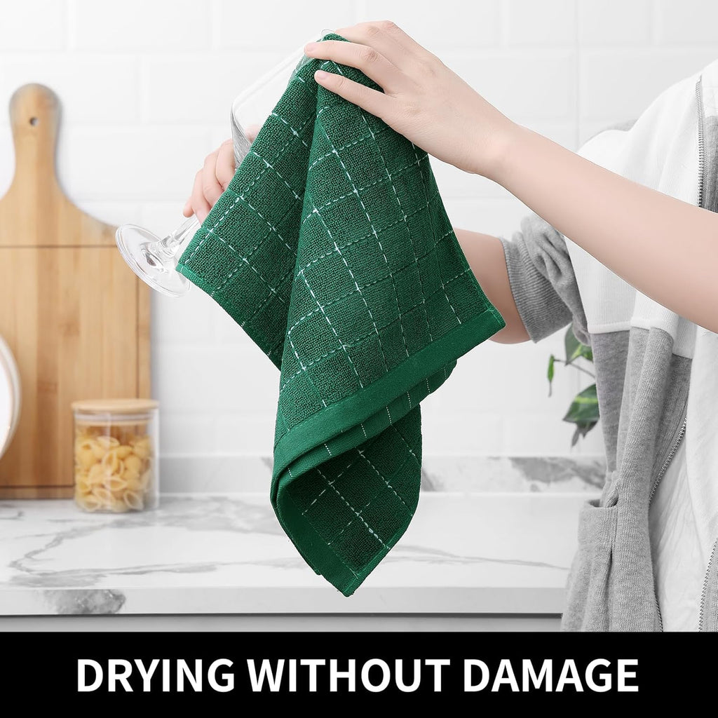 Homaxy 100% Cotton Terry Kitchen Towels(Dark Green, 13 x 28 inches), Checkered Designed, Soft and
