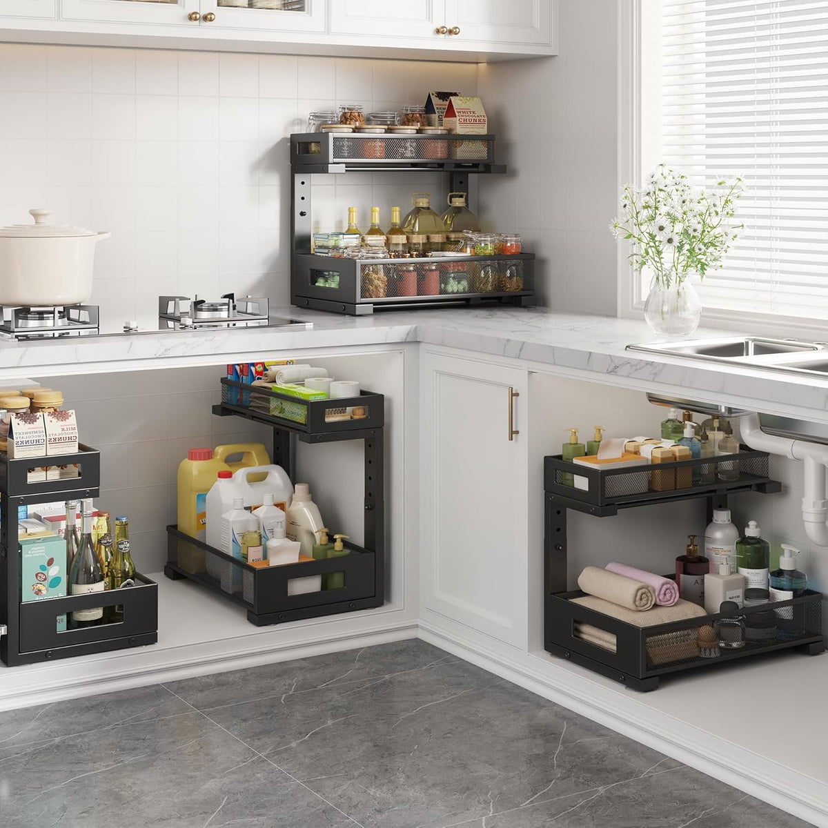 1 Pack-11.4"-16.14"H Under Sink Storage Organizer, Large 2-Tier Elegant Mesh Pull Out Shelf for