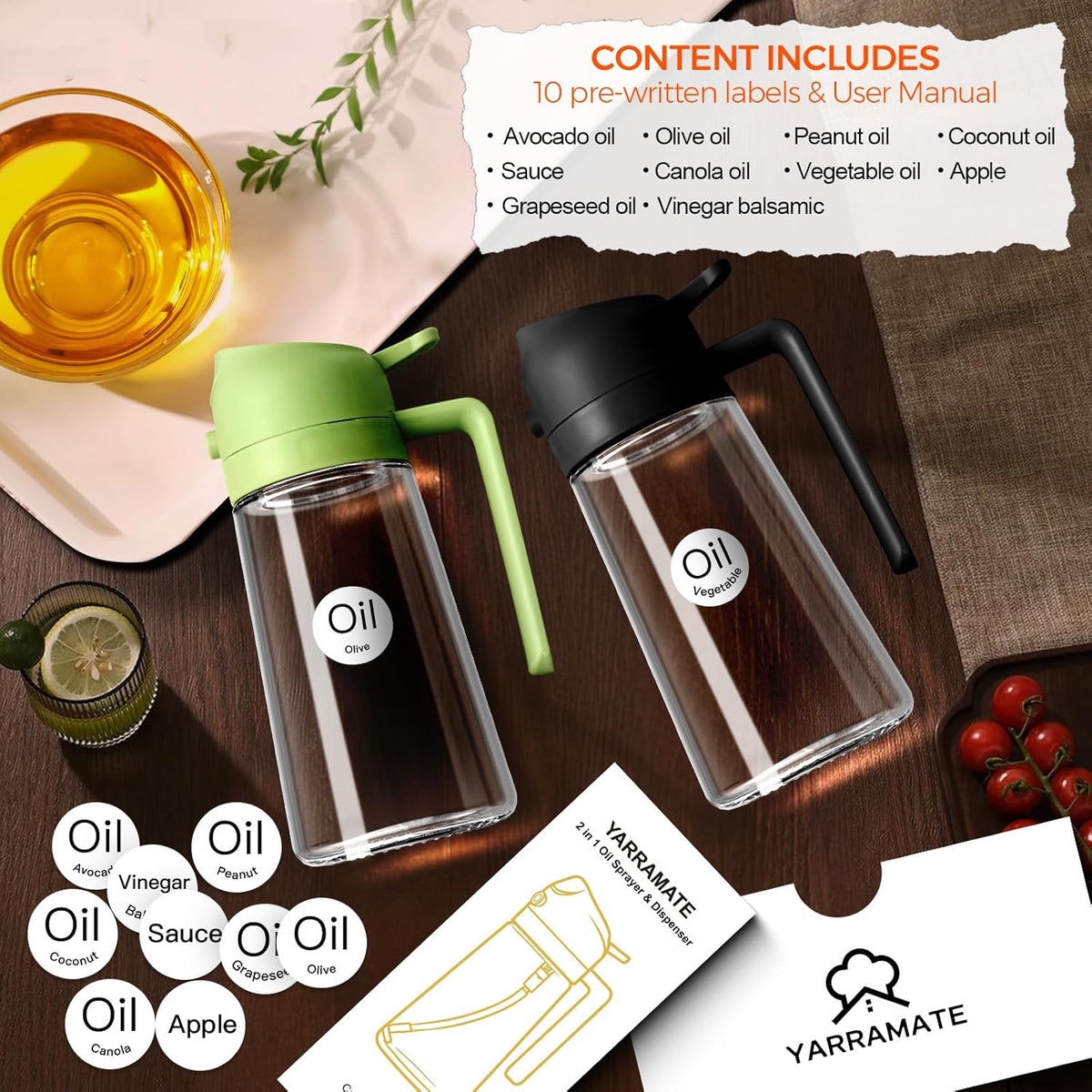 YARRAMATE Olive Oil Dispenser, 2 in 1 Oil Sprayer for Cooking, 16oz/470ml Glass Oil Spray Bottle