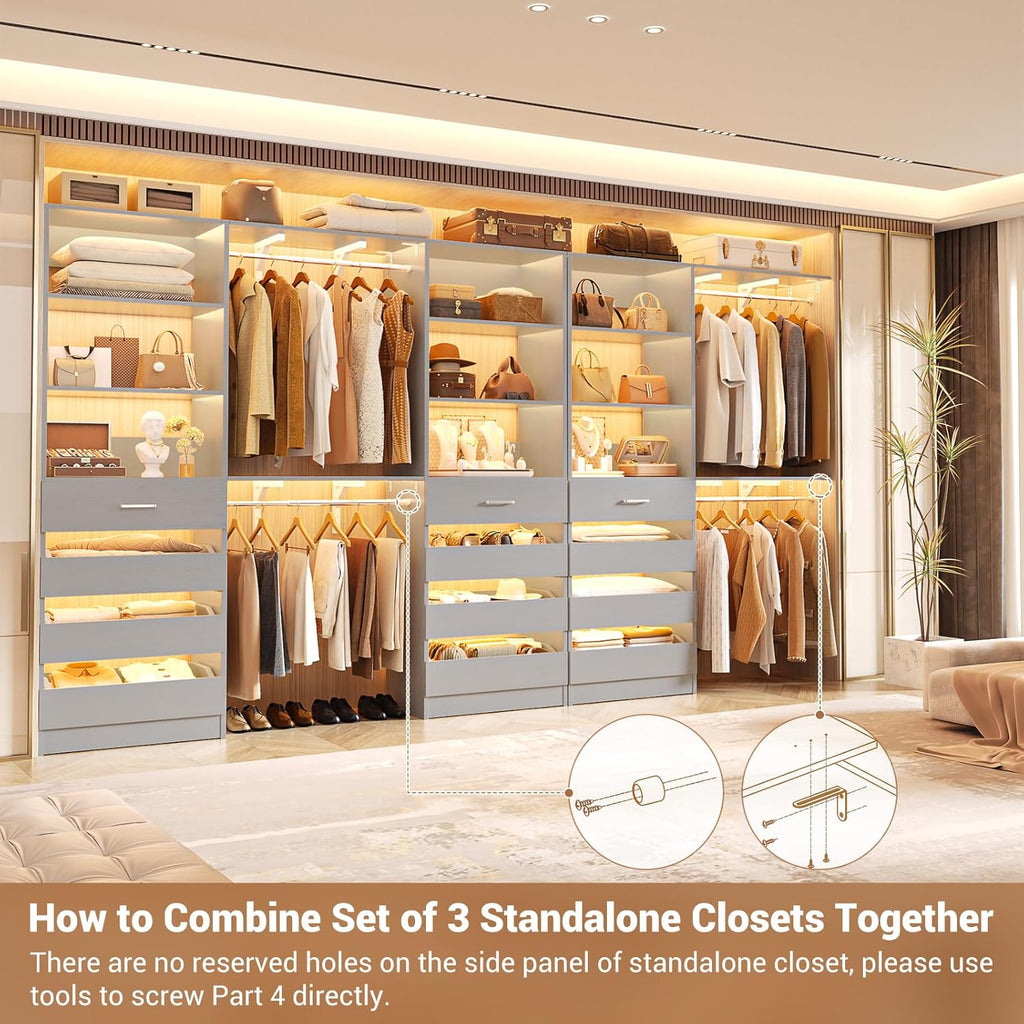 Aheaplus Closet System Set of 3, 138.5" Wood Closet Organizer System Tower with 12 Drawers & 4
