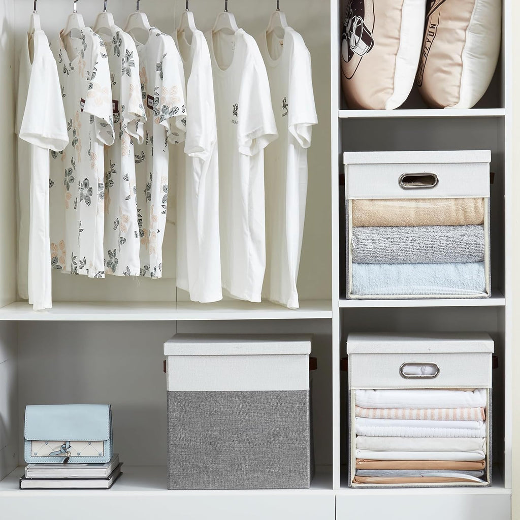 Fabric Storage Cubes with Clear Windows and Lids, 13'' Foldable Storage Bins with 3 Handles
