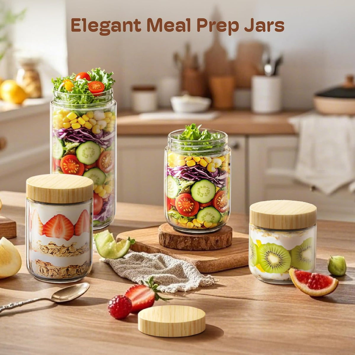 6 pack 24oz Overnight Oats Containers with Bamboo Lids, Glass Jars with Airtight Lids for Meal