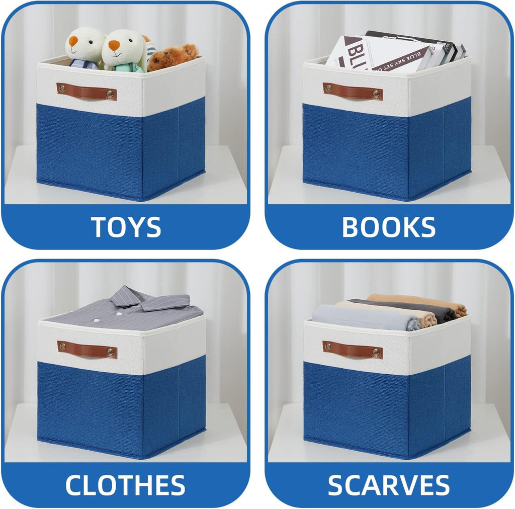 Temary 11 Storage Cube Bins for Shelves, Closet - 4 Pack Fabric Baskets With Leather Handles (White