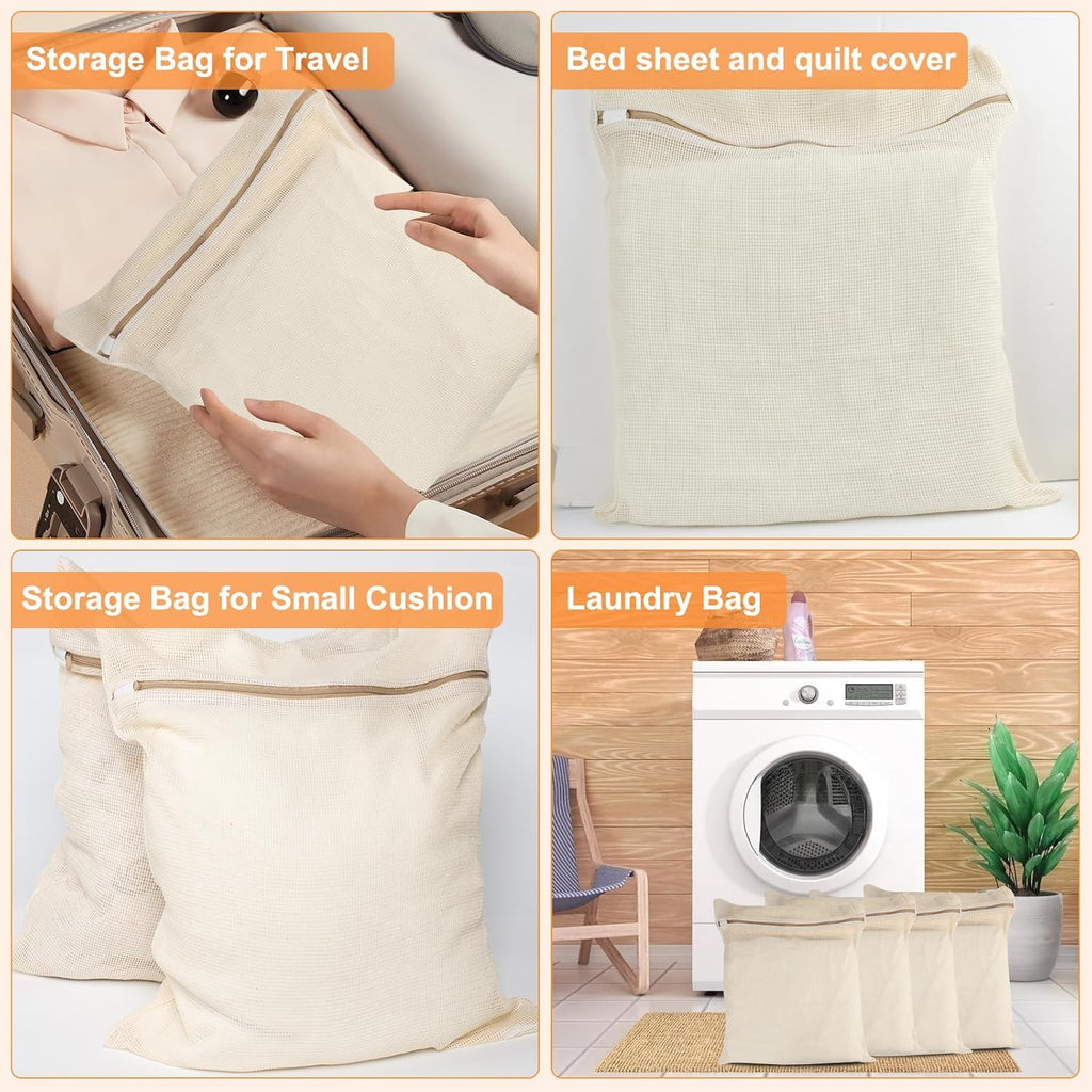 4-Piece Large Durable Organic Cotton Mesh Laundry Bags with Sturdy Zippers and Breathable Mesh are