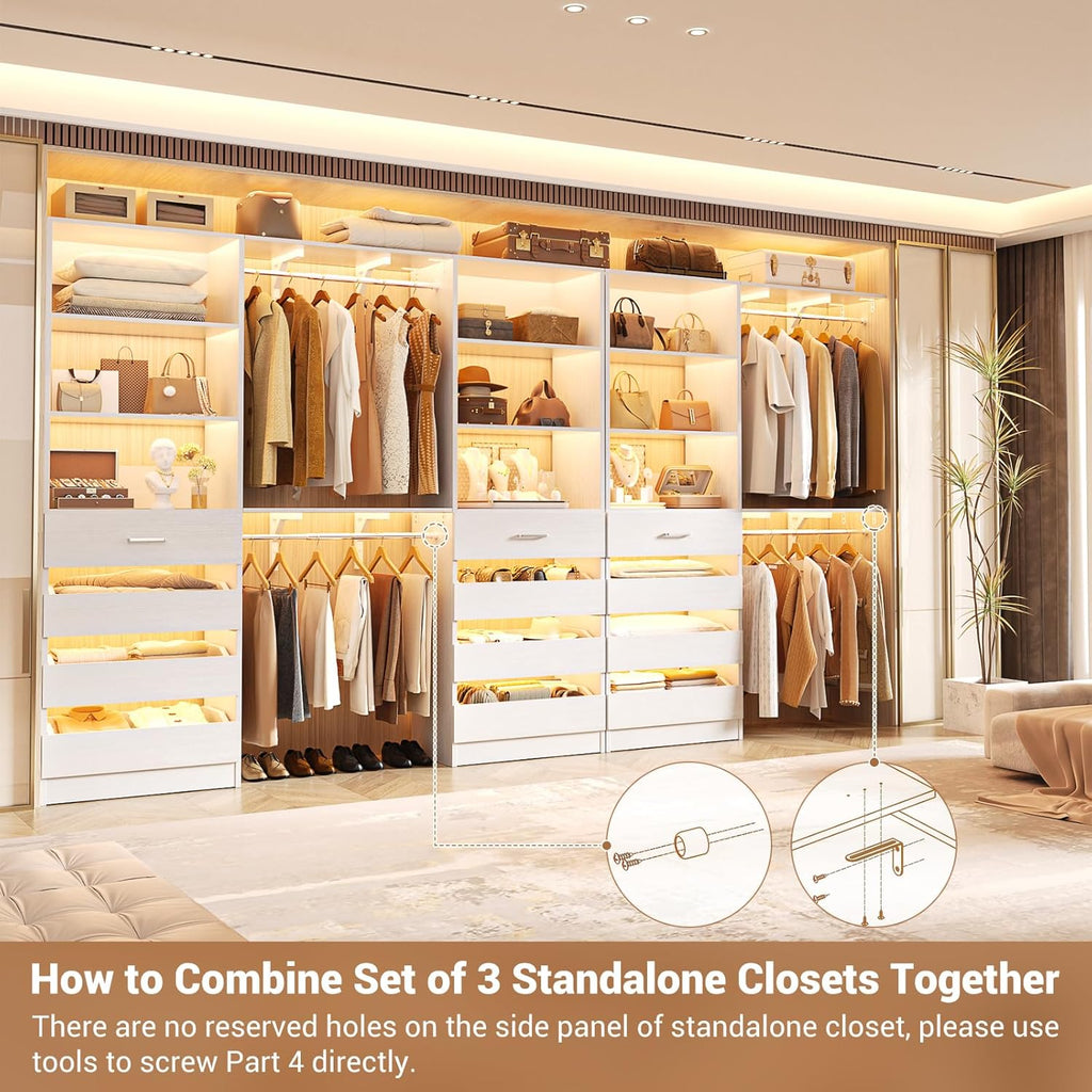 Aheaplus Closet System Set of 3, 138.5" Wood Closet Organizer System Tower with 12 Drawers & 4