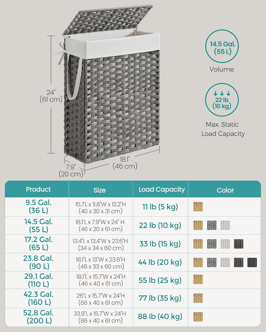 SONGMICS Slim Laundry Hamper with Lid, 14.5 Gallon (55L) Rattan Clothes Laundry Basket with Lid and