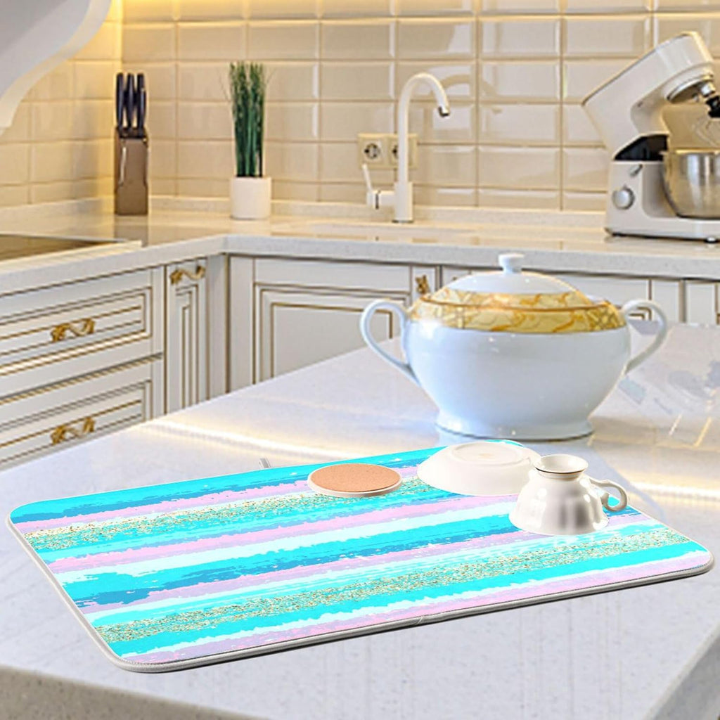 Turquoise Stripe Dish Drying Mat for Kitchen Countertop 18x24 Rectangle Teal Aqua Large Drying Mat