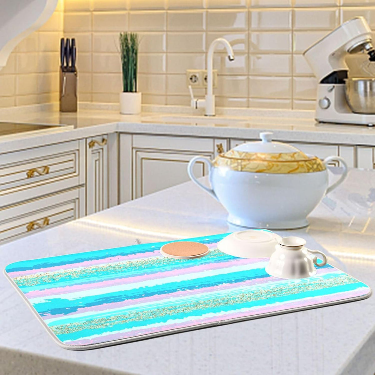 Turquoise Stripe Dish Drying Mat for Kitchen Countertop 18x24 Rectangle Teal Aqua Large Drying Mat