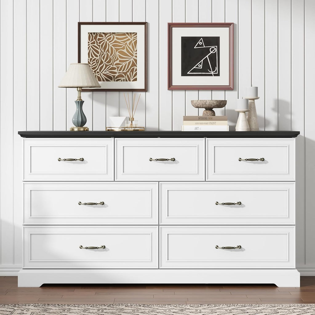 7 Drawer Dresser for Bedroom, 57" Wide Wooden Chest of Drawers, Rustic Farmhouse Dresser with Large