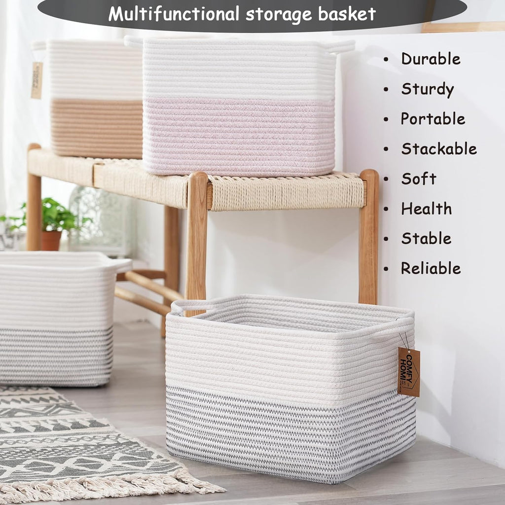 COMFY-HOMI 3 Pack Cotton Rope Square Basket with Handles - Storage & Organizer (White/Black Line
