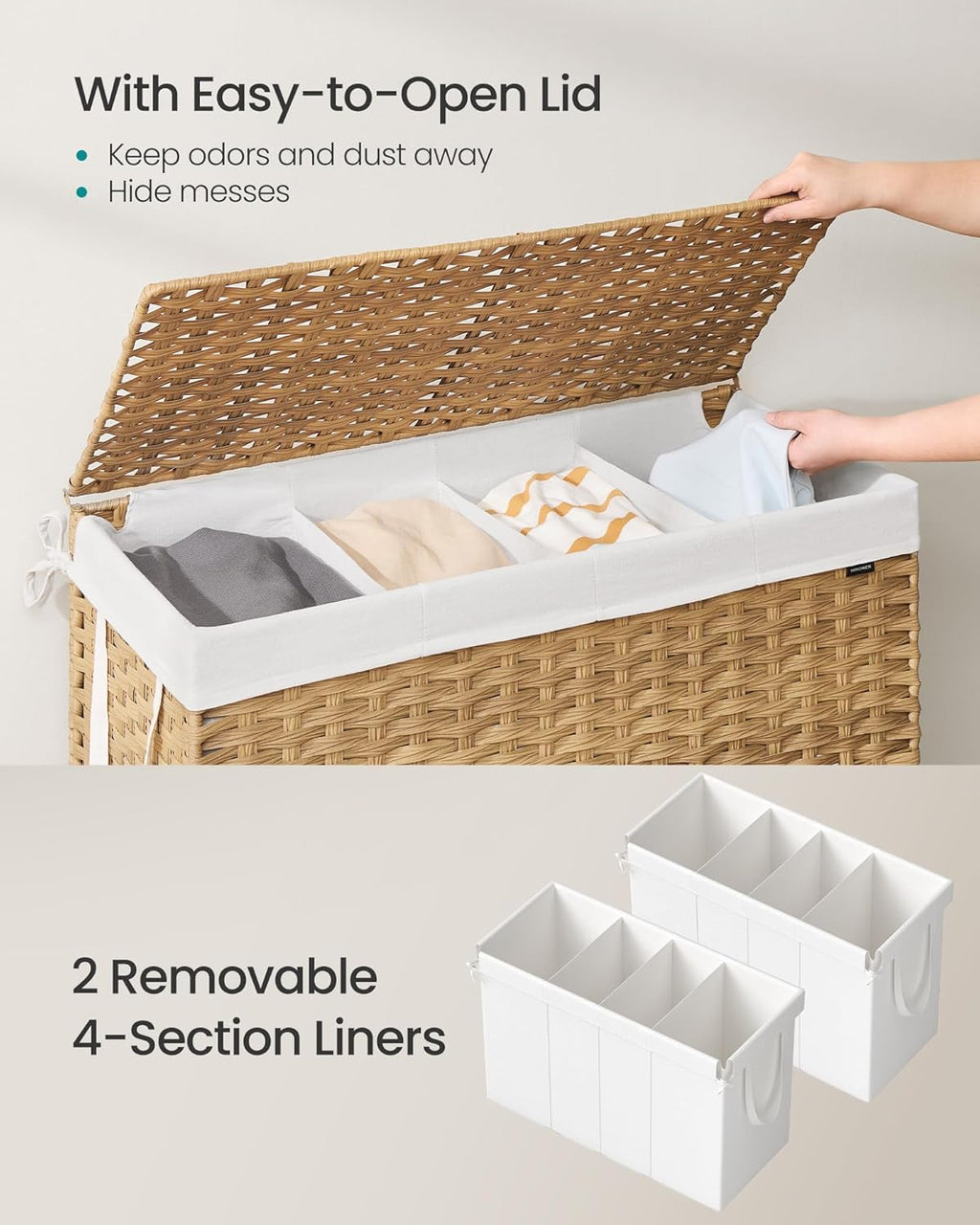 SONGMICS Laundry Hamper with Lid, 200 L Clothes Hamper with 2 Removable Liner Bags, 6 Mesh Bags