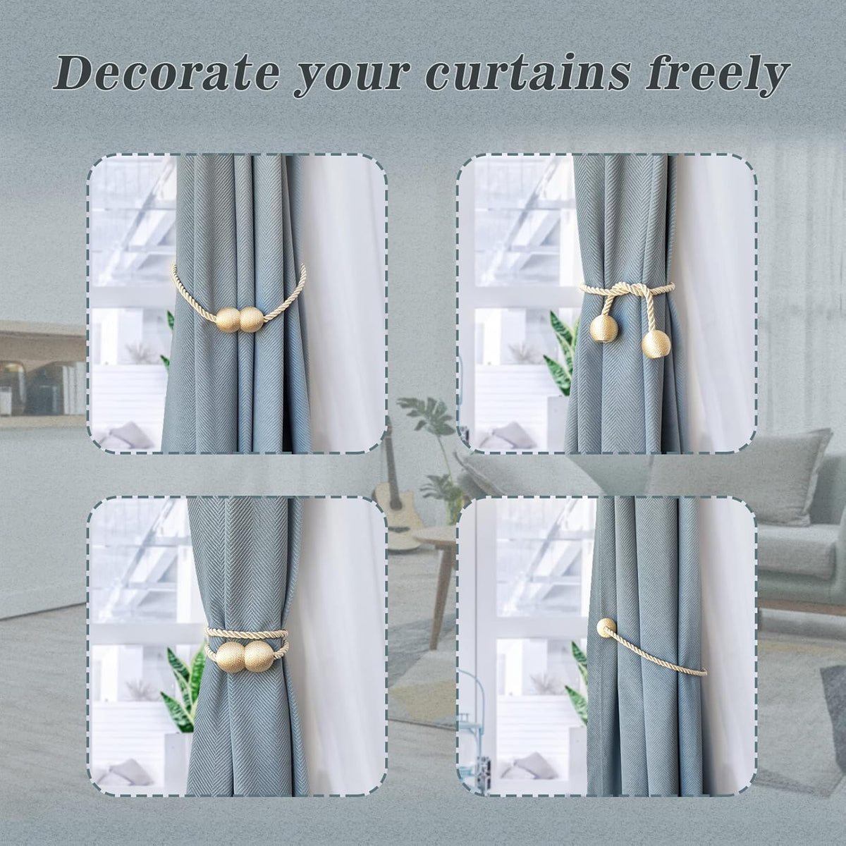 Hion Magnetic Curtain Tiebacks Beige 4 Pack, Curtain Tiebacks Buckles Holdbacks Holders Hooks Clip
