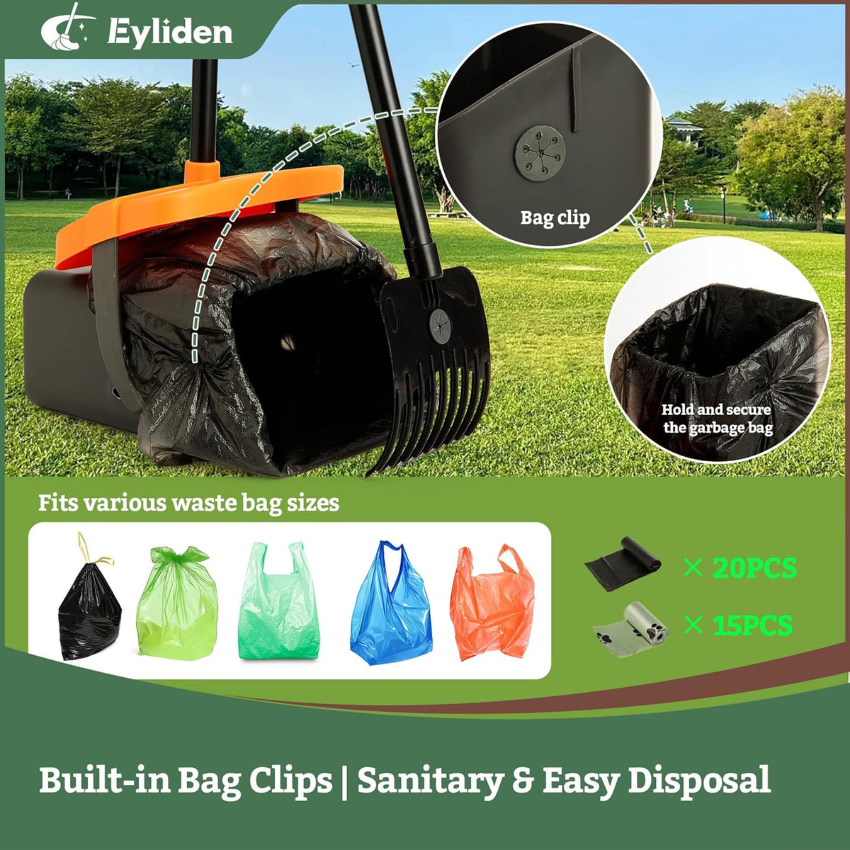 Eyliden Pooper Scooper Broom Set, Include - Dustpan with Lid, Rake, Broom, 35 Waste Bags, 46"