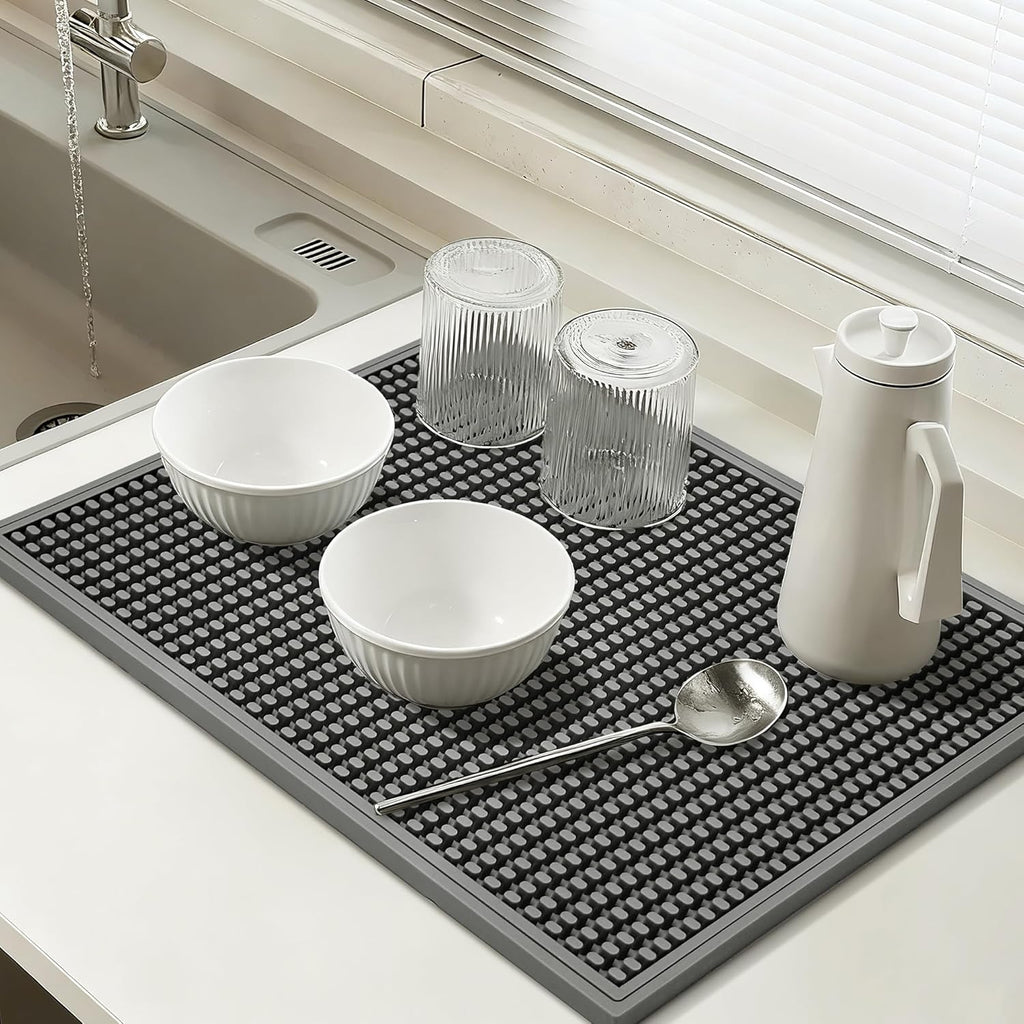 dish drying mat - 18" x 12" Grey silicone drying mat , kitchen counter dish drying mats,rubber dish