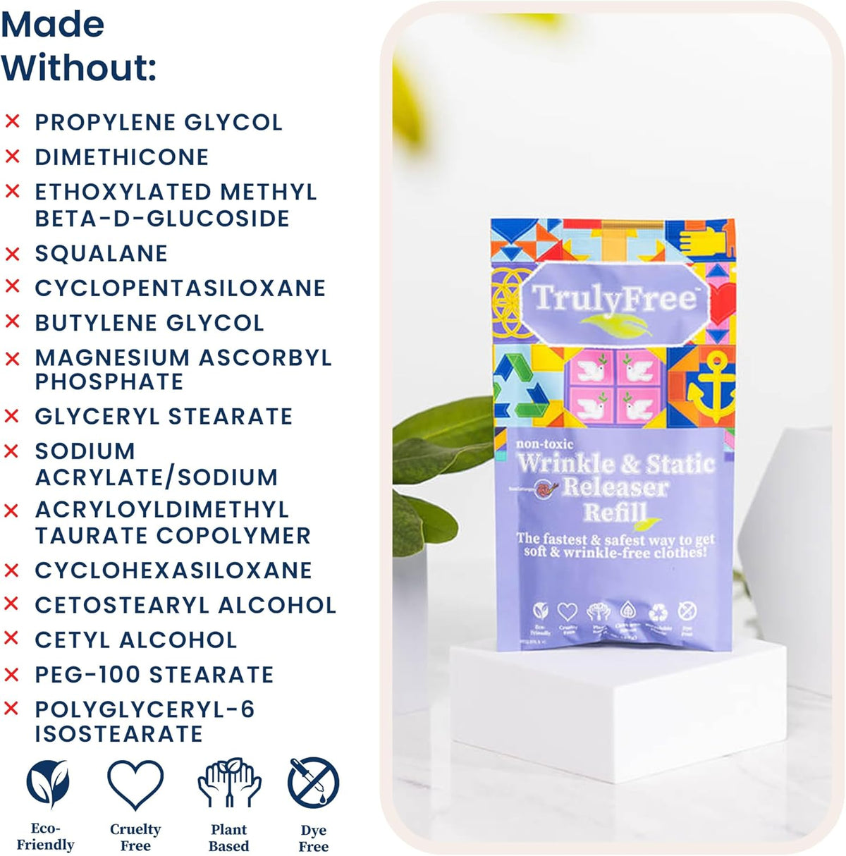 Truly Free Wrinkle & Static Releaser - Wrinkle Release for Clothes, Linen, & Sheet Fabrics - Static