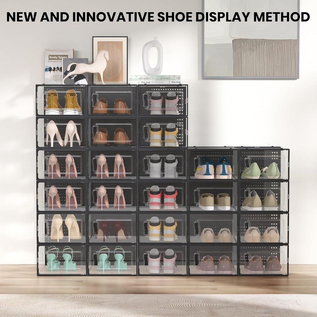 12 Pack XX-Large Modular Clear Plastic Stackable Shoe Storage Organizer for Closet, Space Saving