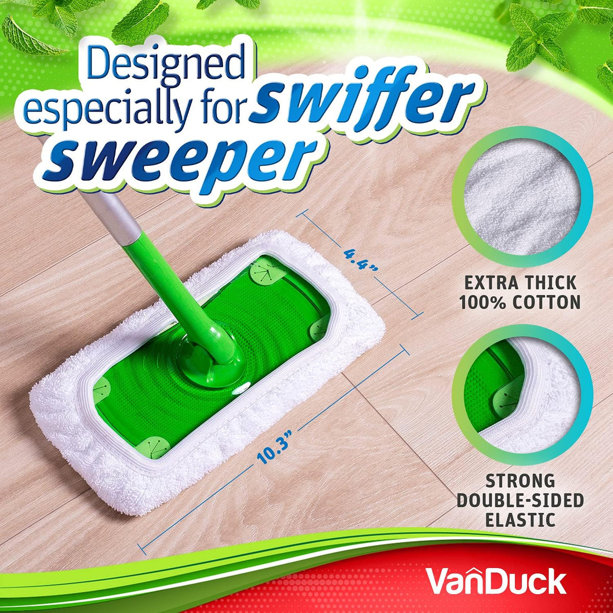VanDuck Reusable 100% Cotton Mop Pads Compatible with Swiffer Sweeper (8-Pack), Terry Cloth Mop
