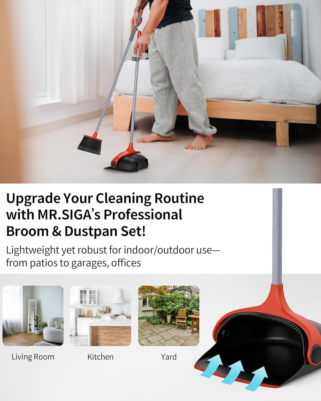 MR.SIGA Broom and Dustpan Set with Long Handle, Stand Upright Broom with Dustpan Combo for Floor