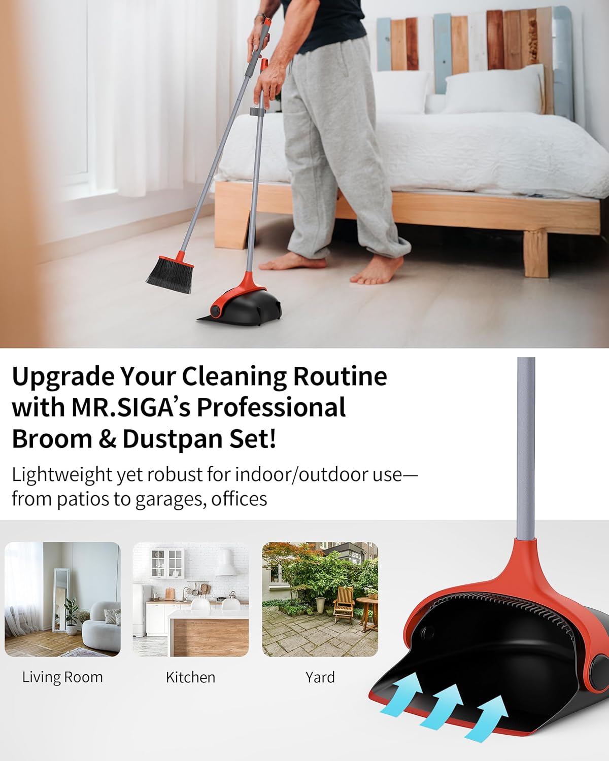 MR.SIGA Broom and Dustpan Set with Long Handle, Stand Upright Broom with Dustpan Combo for Floor