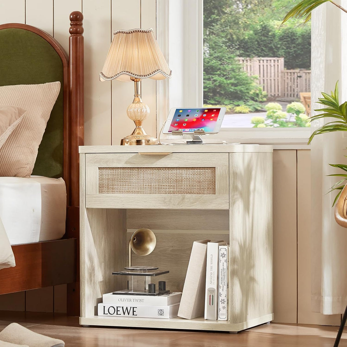 LEYAOYAO Rattan Nightstand with Charging Station, 23" Wide Boho Night Stand with Drawer, Grey White