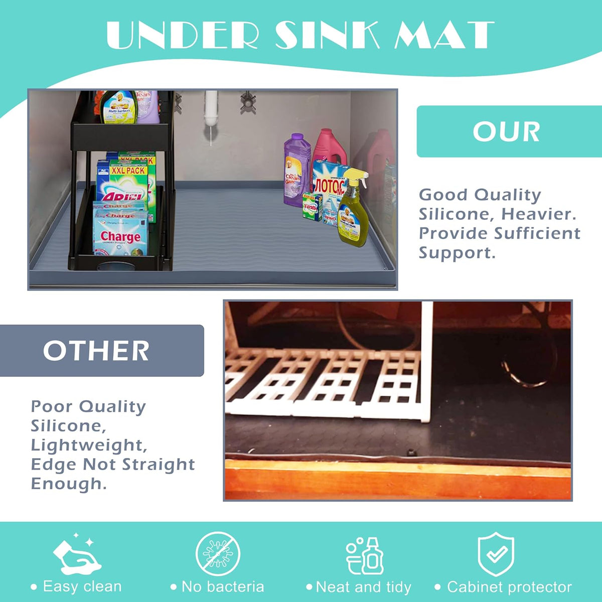 URMONA Waterproof Silicone Under Sink Mat 34'' x 22'' Shelf Liner for Kitchen and Bathroom, Cabinet