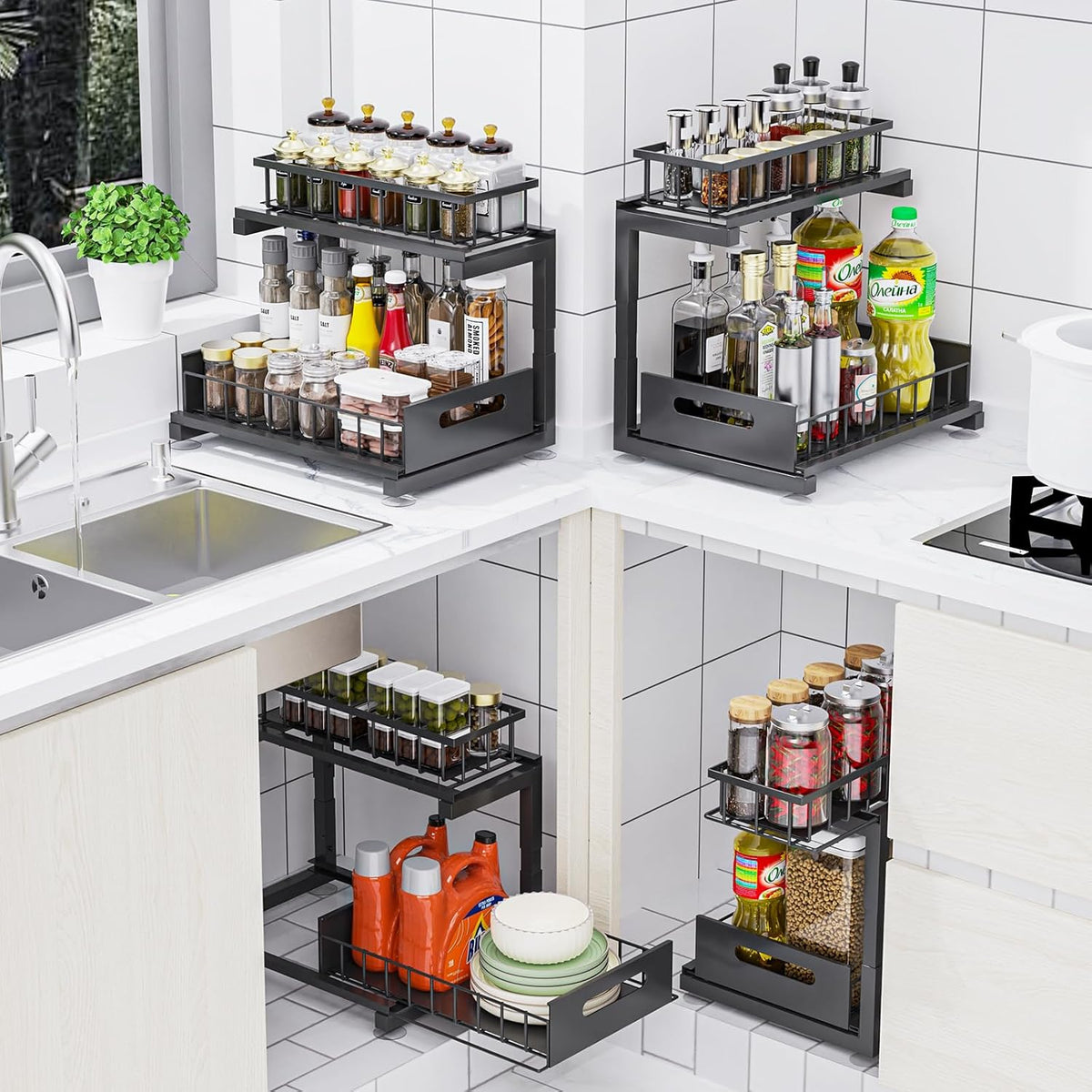 Under Sink Organizer Storage 2-Tier Heavy Duty Metal Pull Out Cabinet Organizer Slide Out Sink